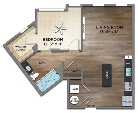 Floor plan for 1 bed, 1 bath, 777 sqft