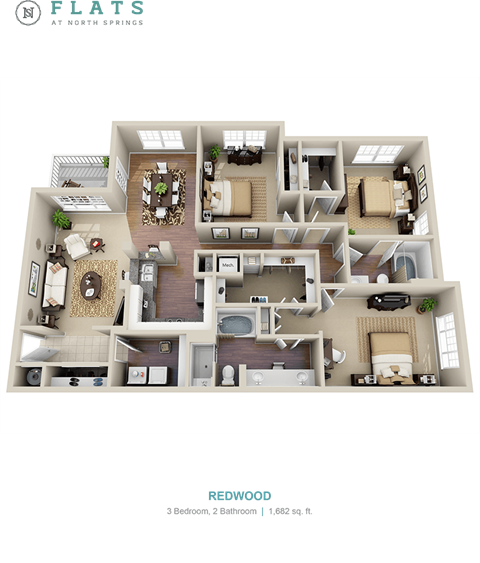 Floor plan for 3 beds, 2 baths, 1682 sqft