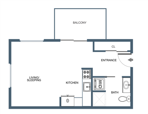 Floor plan for studio, 1 bath, 387 sqft