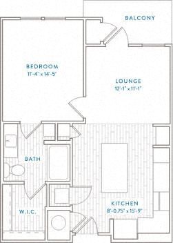 Floor plan for 1 bed, 1 bath, 677 sqft