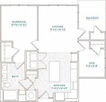 Floor plan for 1 bed, 1 bath, 947 sqft