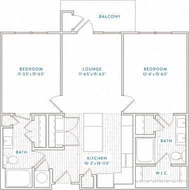 Floor plan for 2 beds, 2 baths, 1047 sqft