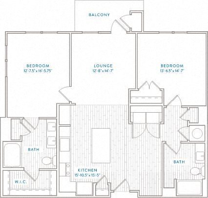 Floor plan for 2 beds, 2 baths, 1254 sqft