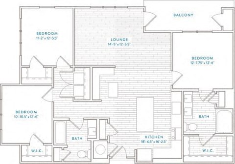Floor plan for 3 beds, 2 baths, 1373 sqft