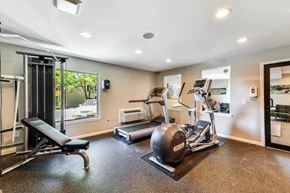 Madison apartment for rent - A spacious home gym with a variety of equipment including a treadmill, a bench press, and a rowing machine.