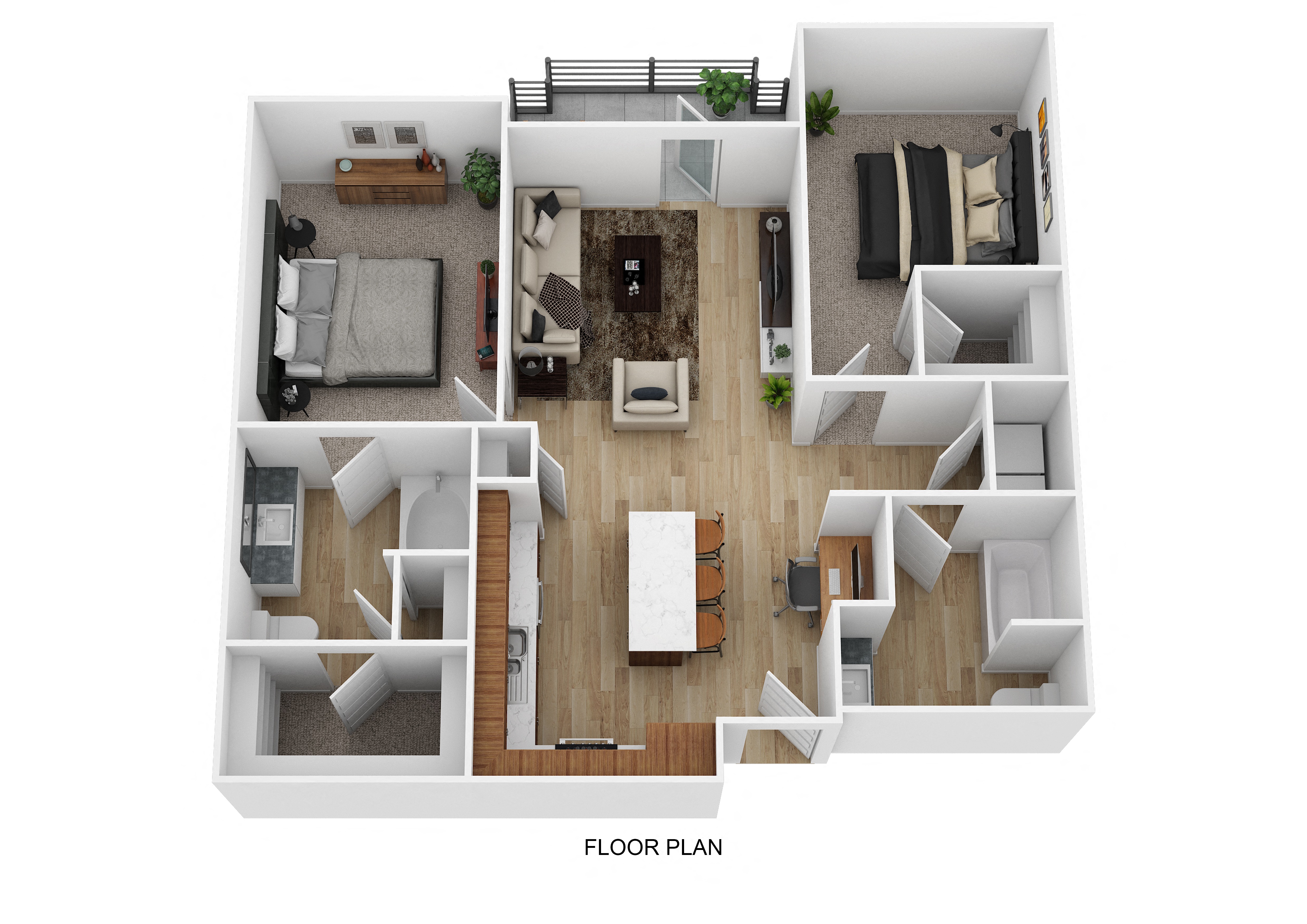 Floor plan for 2 beds, 2 baths, 1005 sqft