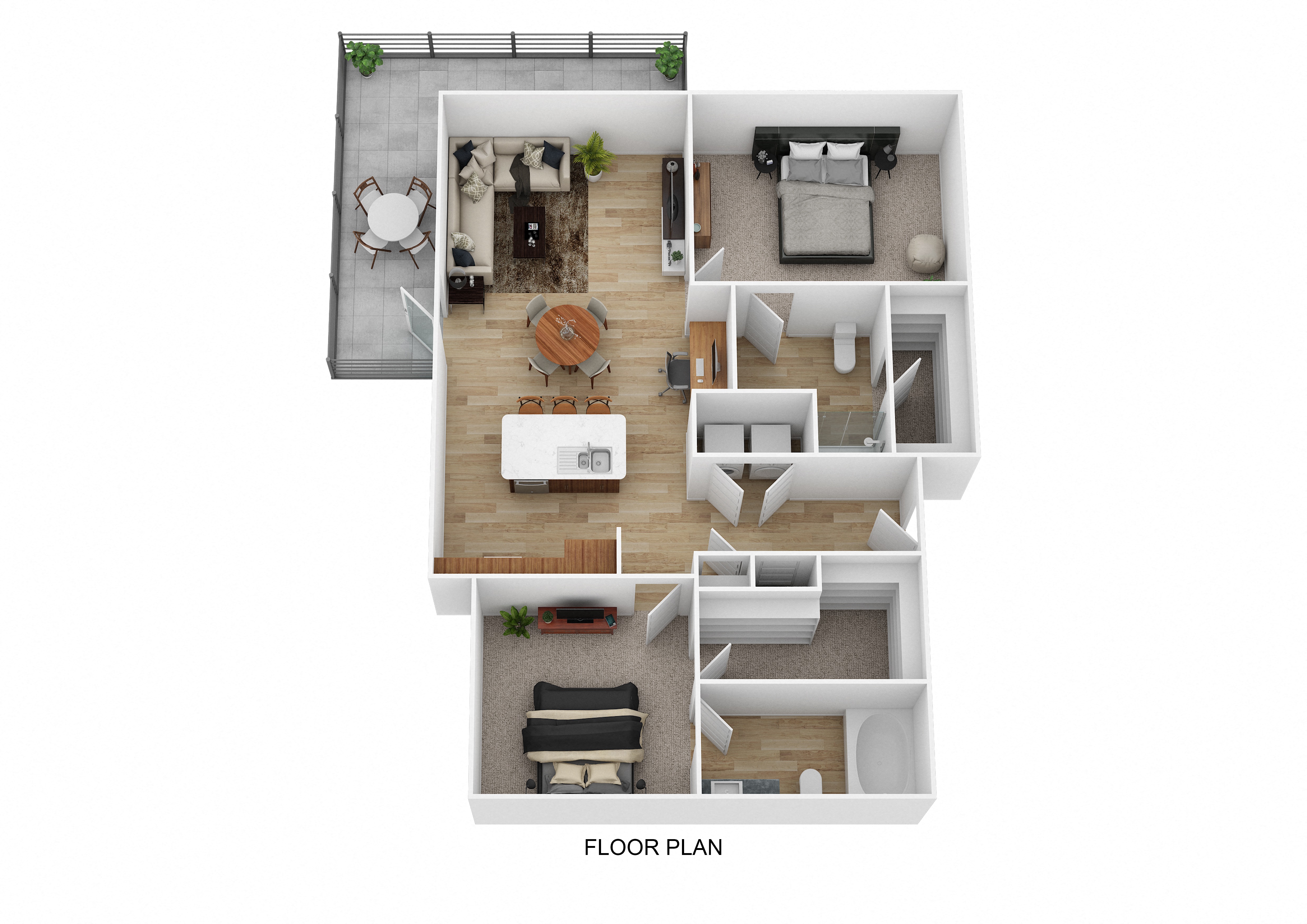 Floor plan for 2 beds, 2 baths, 1033 sqft