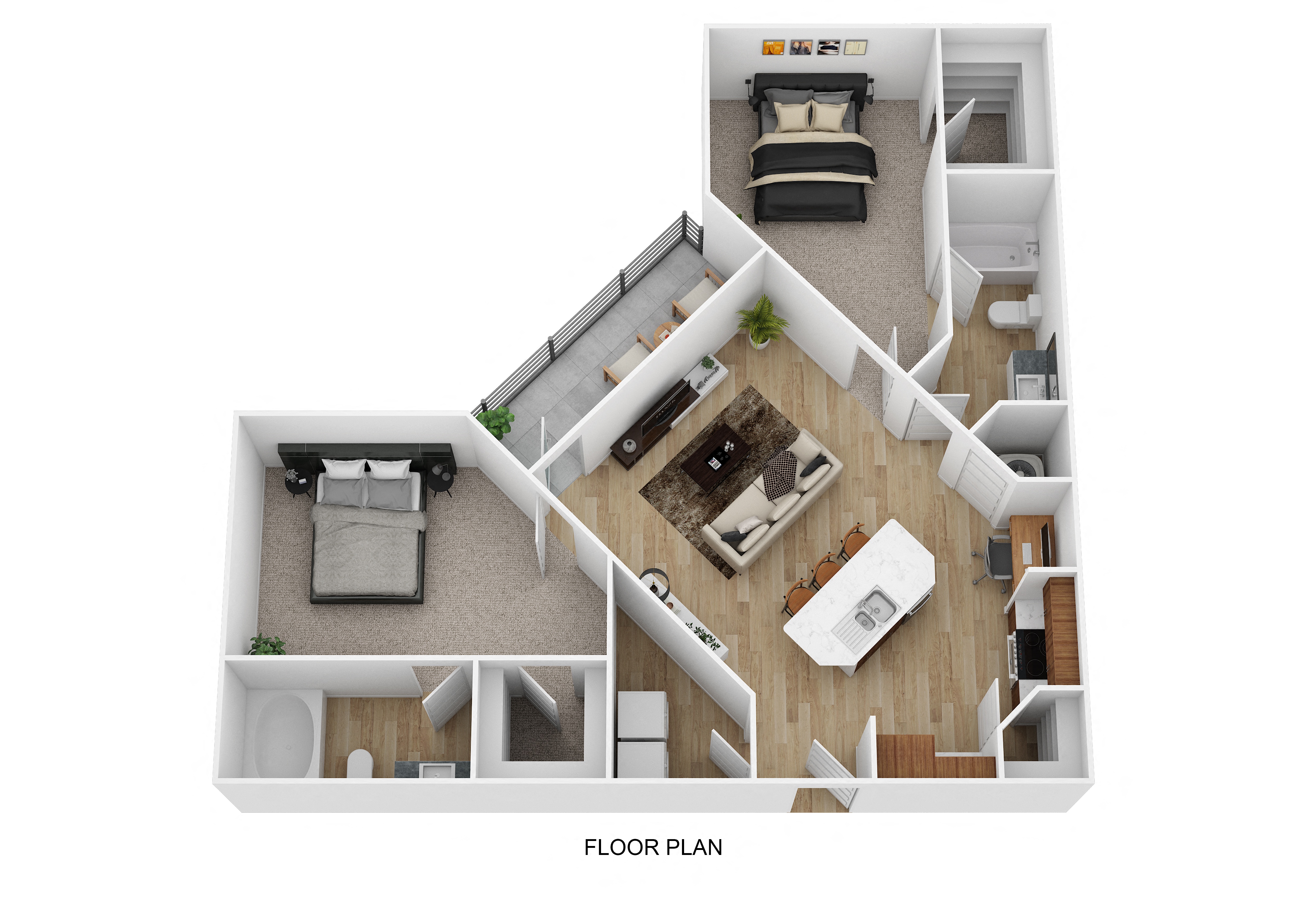 Floor plan for 2 beds, 2 baths, 1077 sqft