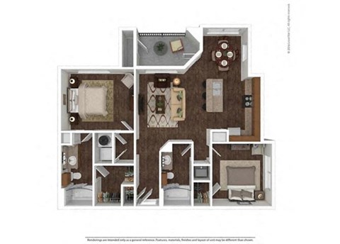 Floor plan for 2 beds, 2 baths, 1039 sqft