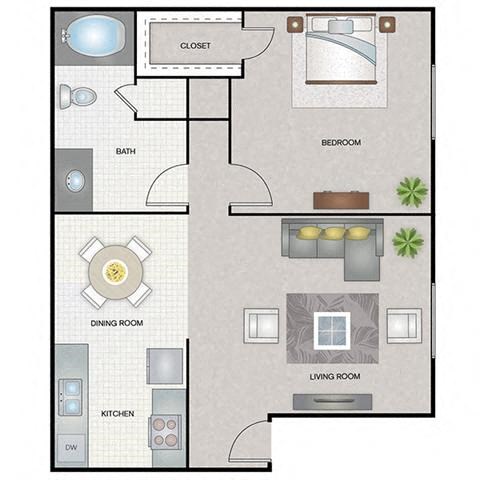 Floor plan for 1 bed, 1 bath, 600 sqft