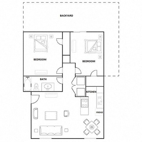 Floor plan for 2 beds, 1 bath, 820 sqft