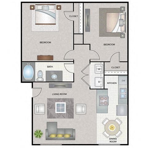 Floor plan for 2 beds, 1 bath, 820 sqft