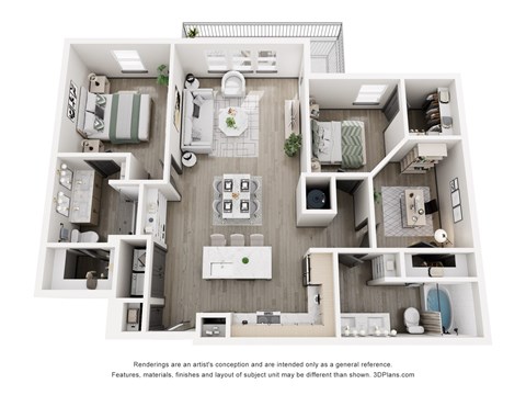 Floor plan for 3 beds, 2 baths, 1307 sqft