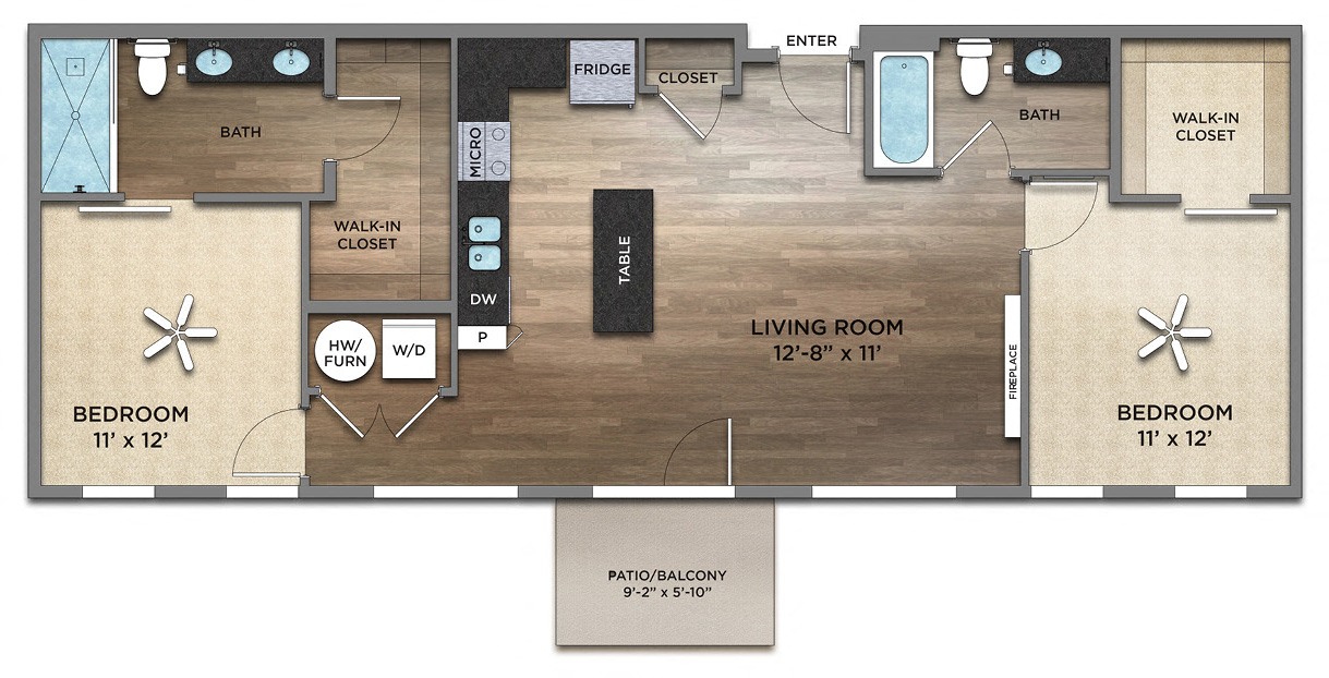 Floor plan for 2 beds, 2 baths, 1064 sqft