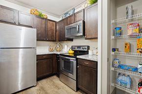 Destin apartment for rent - A kitchen with a refrigerator, microwave, oven, and dishwasher.
