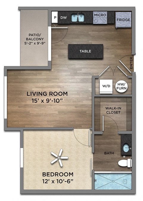 Floor plan for 1 bed, 1 bath, 615 sqft