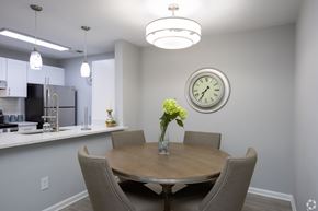 Doraville apartment for rent - A dining room with a table set for two and a clock on the wall.
