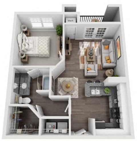Floor plan for 1 bed, 1 bath, 747 sqft
