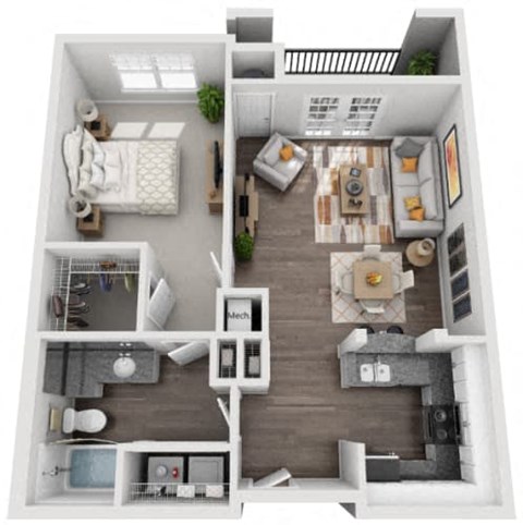Floor plan for 1 bed, 1 bath, 964 sqft