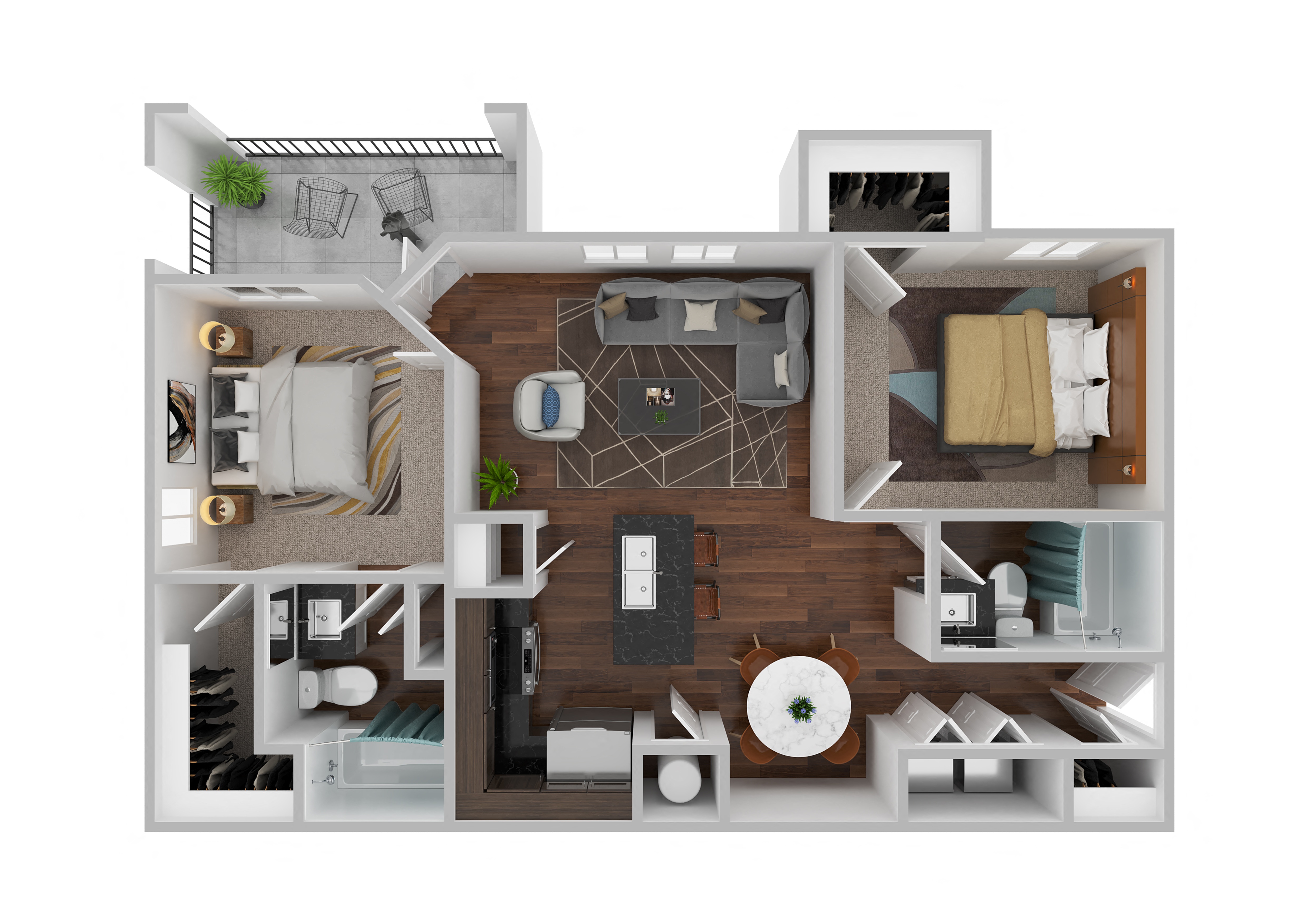 Floor plan for 2 beds, 2 baths, 1132 sqft