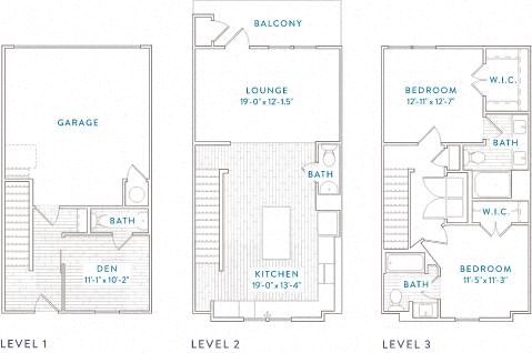 Floor plan for 2 beds, 2.5 baths, 1731 sqft