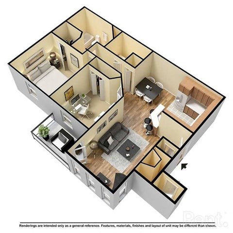 Floor plan for 2 beds, 1 bath, 978 sqft