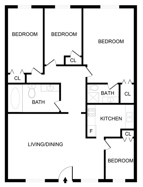 Floor plan for 4 beds, 1.5 baths, 1100 sqft