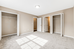 Asheville apartment for rent - a bedroom with three closets and a carpeted floor and doors to three clos