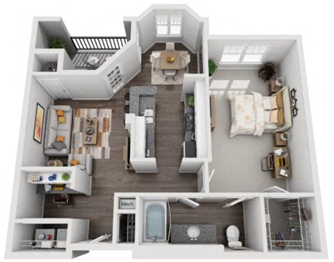 Floor plan for 1 bed, 1 bath, 895 sqft