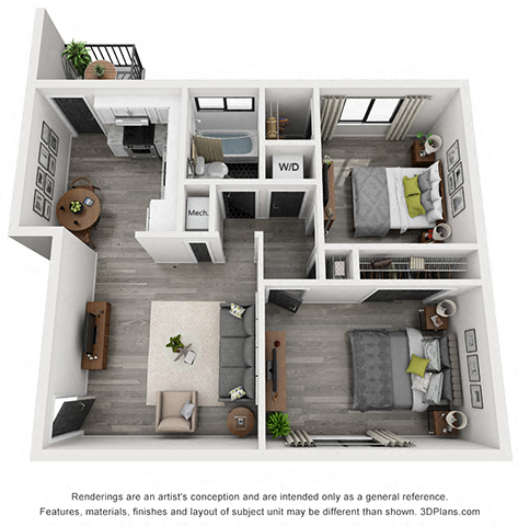 Floor plan for 2 beds, 1 bath, 900 sqft