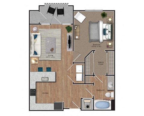 Floor plan for 1 bed, 1 bath, 774 sqft