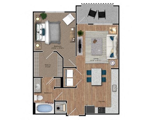 Floor plan for 1 bed, 1 bath, 769 sqft