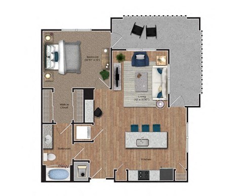 Floor plan for 1 bed, 1 bath, 902 sqft