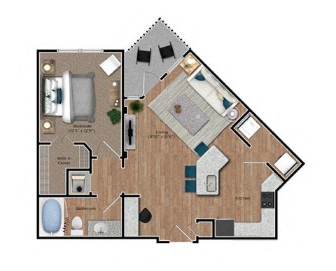 Floor plan for 1 bed, 1 bath, 799 sqft