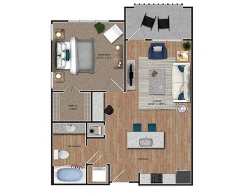 Floor plan for 1 bed, 1 bath, 754 sqft