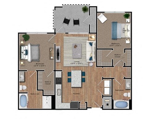 Floor plan for 2 beds, 2 baths, 1117 sqft
