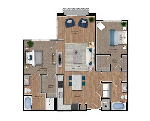 Floor plan for 2 beds, 2 baths, 1241 sqft