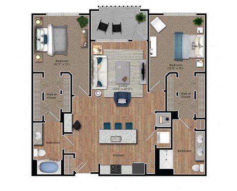 Floor plan for 2 beds, 2 baths, 1337 sqft
