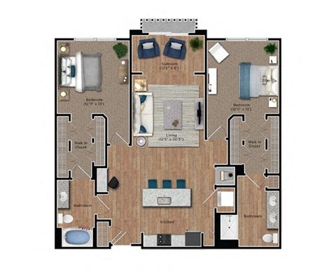 Floor plan for 2 beds, 2 baths, 1419 sqft