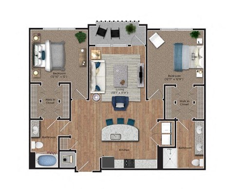 Floor plan for 2 beds, 2 baths, 1222 sqft