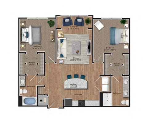Floor plan for 2 beds, 2 baths, 1222 sqft