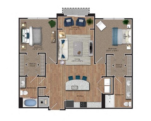 Floor plan for 2 beds, 2 baths, 1229 sqft