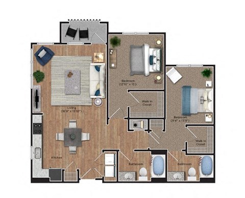 Floor plan for 2 beds, 2 baths, 1284 sqft