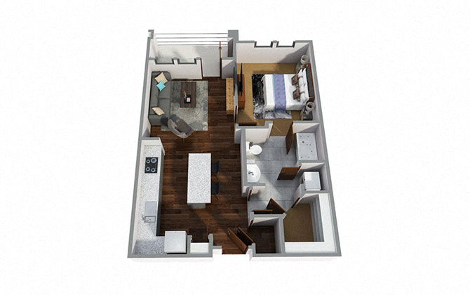 Floor plan for 1 bed, 1 bath, 709 sqft