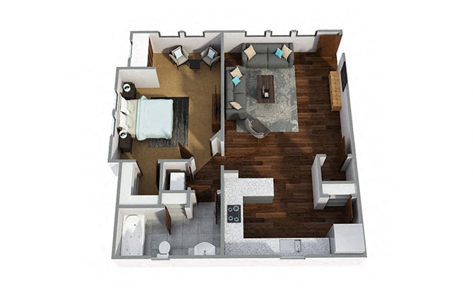 Floor plan for 1 bed, 1 bath, 740 sqft