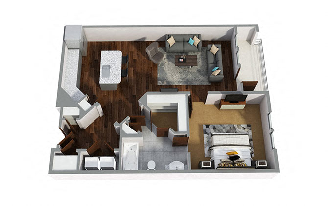 Floor plan for 1 bed, 1 bath, 888 sqft