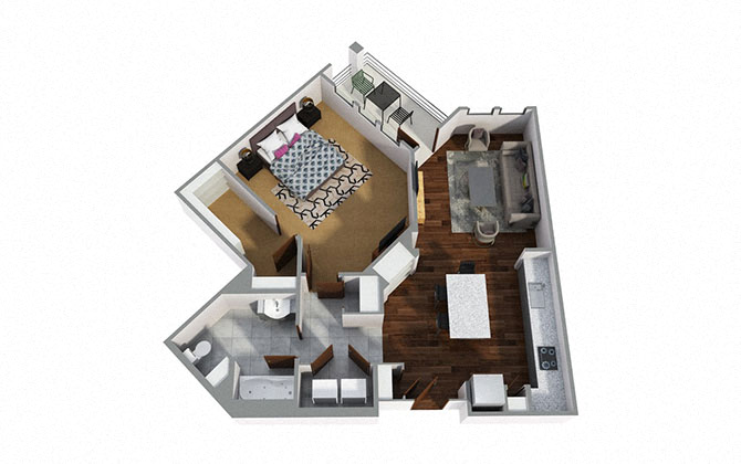 Floor plan for 1 bed, 1 bath, 956 sqft