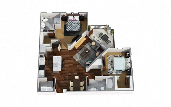 Floor plan for 2 beds, 2 baths, 1223 sqft