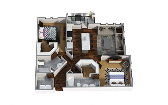 Floor plan for 2 beds, 2 baths, 1262 sqft