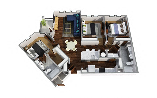 Floor plan for 3 beds, 2 baths, 1354 sqft